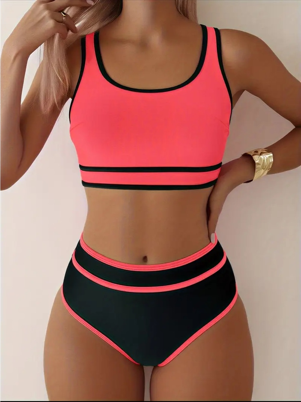 Neon Coral & Black High-Waist Sport Bikini Set